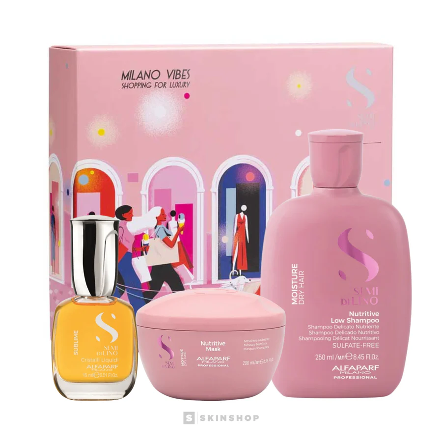 Alfaparf Semi Di Lino Moisture Holiday Kit Champú 250 ml, Mascarilla 200 ml y Cristales 15 ml - para cabello seco
